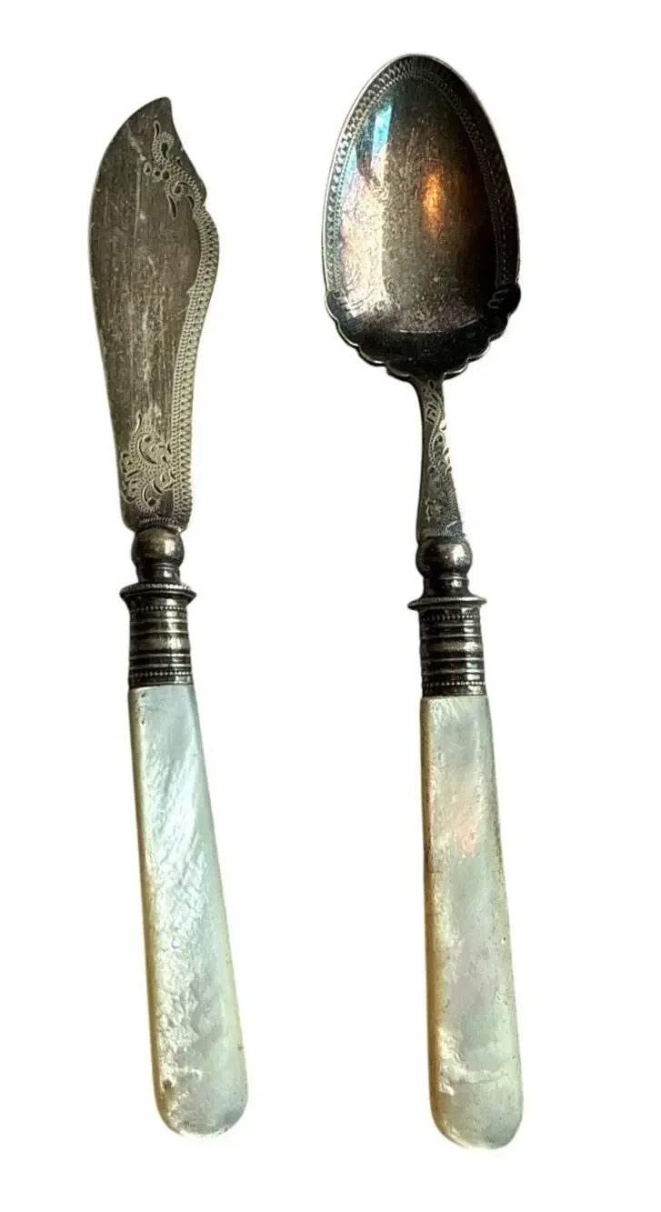 Victorian Mother of Pearl Butter Knife & Preserve Spoon Silver Plate HL&Co